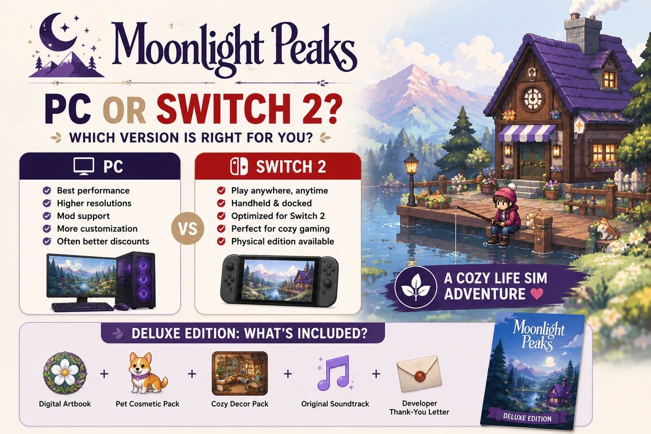Moonlight Peaks: PC or Switch 2, and what the Deluxe edition adds