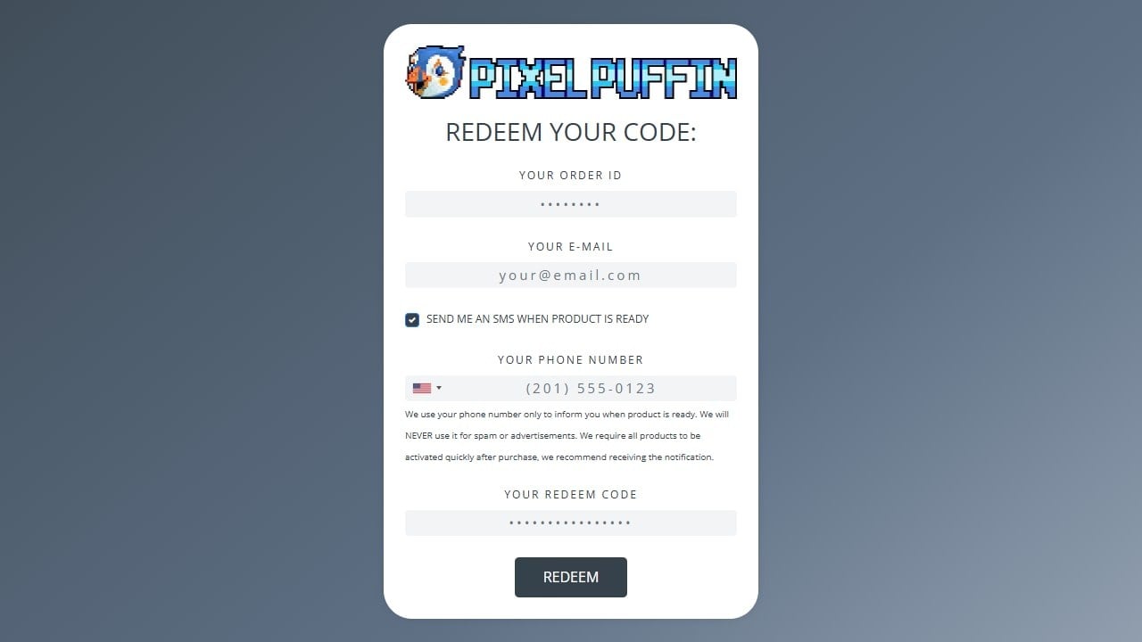 Pixelpuffin redemption form with order ID, email and redeem code