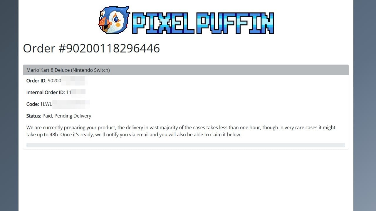 Order status page showing paid, pending delivery