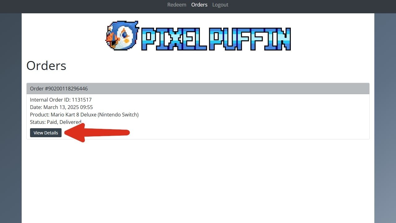 Orders page with the View Details button