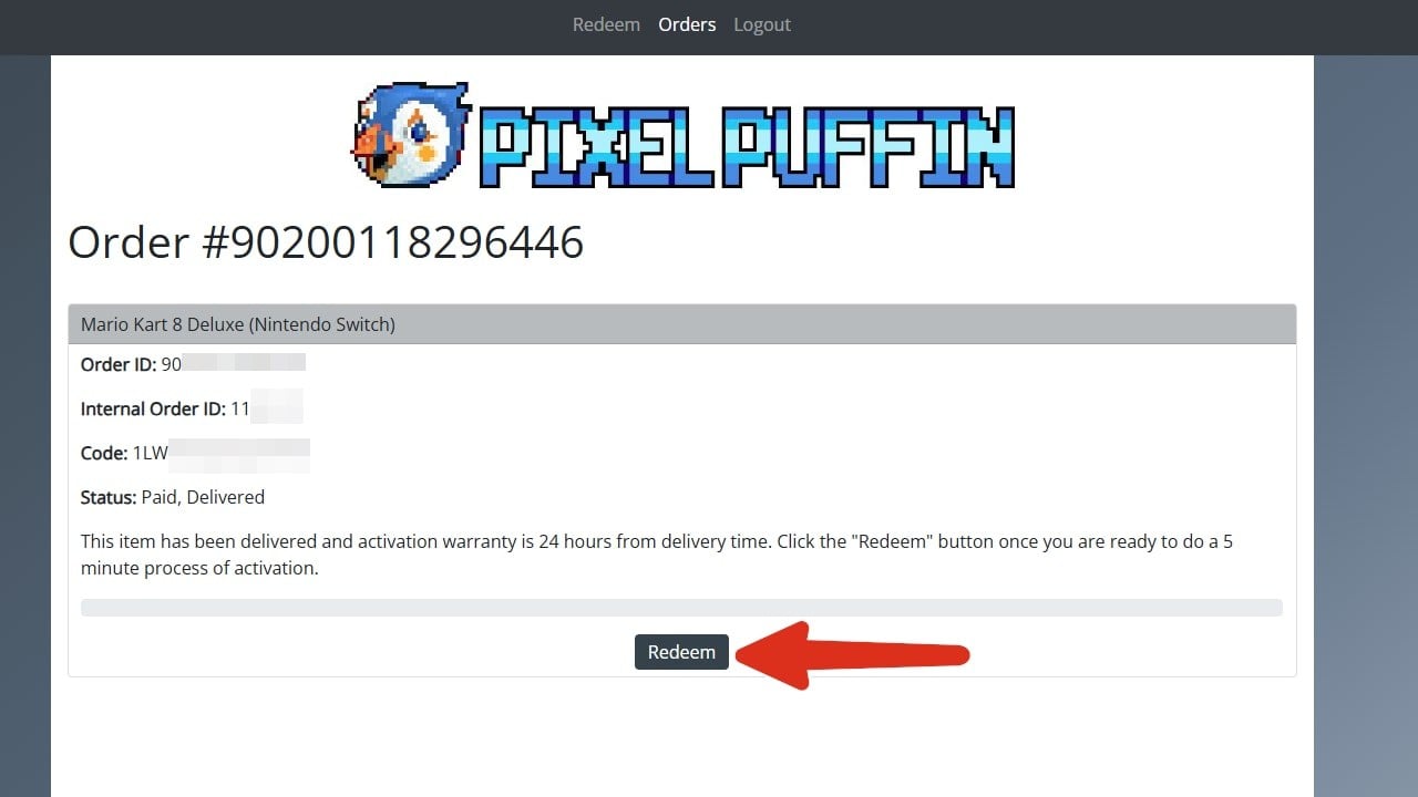 Order details with the Redeem button