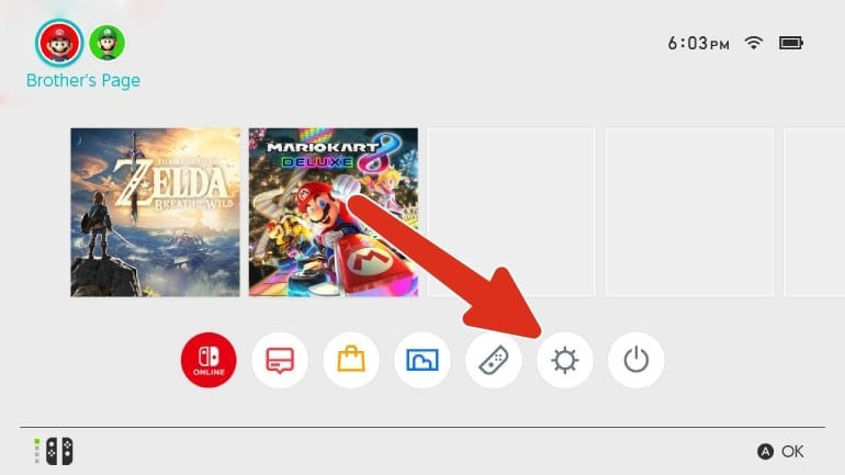 Nintendo Switch home screen with the System Settings icon highlighted