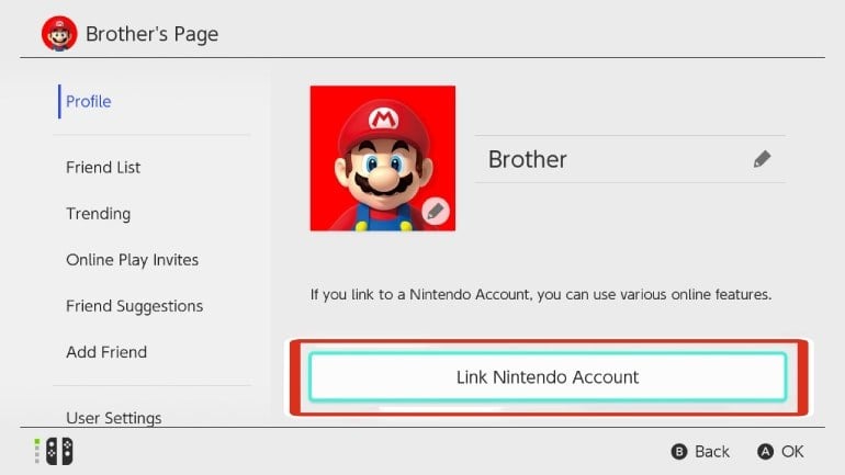 Switch profile screen with the Link Nintendo Account button highlighted