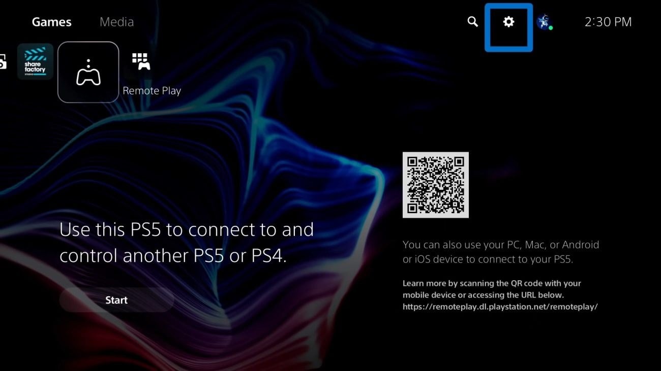 PS5 home screen with the settings icon highlighted