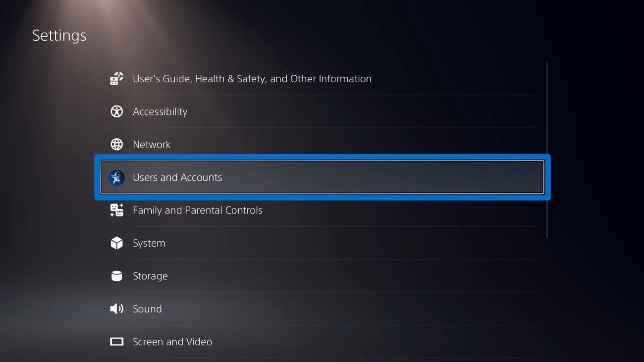 PS5 settings menu with Users and Accounts highlighted