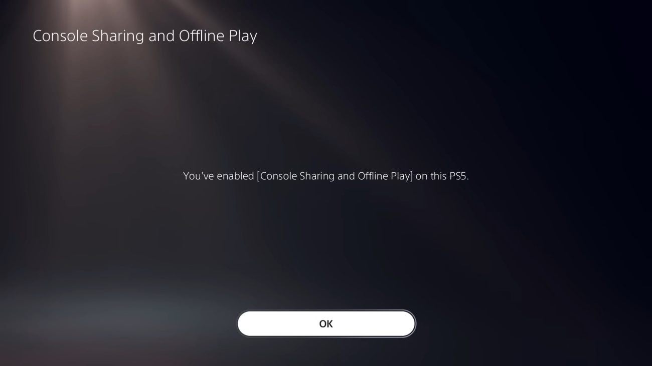 Confirmation that Console Sharing and Offline Play is enabled