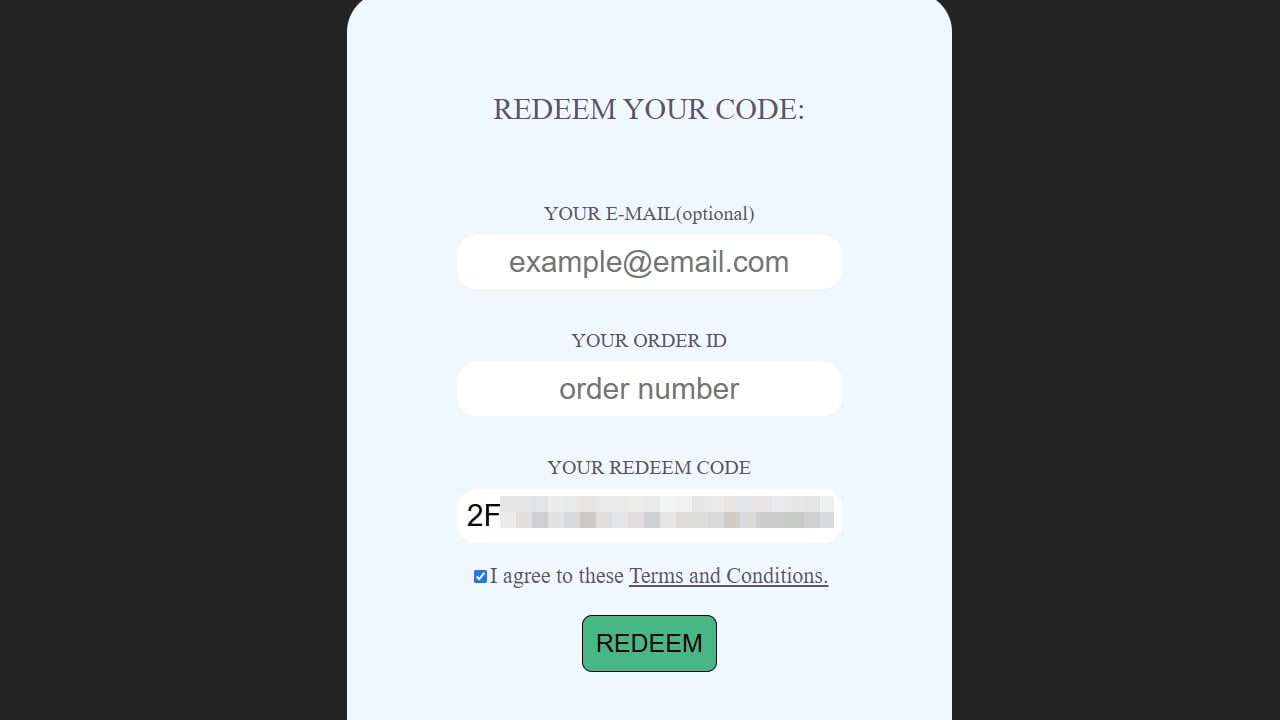 Junao activation form with order ID and redeem code
