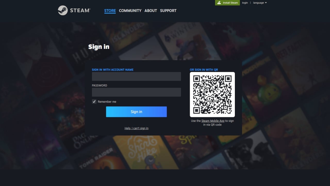 Steam sign in page
