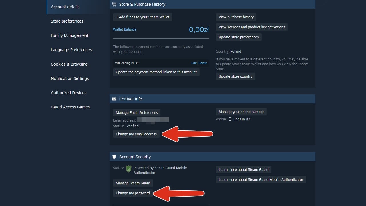 Steam account settings with change email and change password highlighted