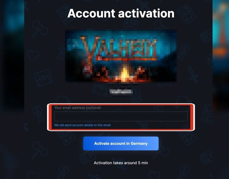 Steam account activation page with optional email field