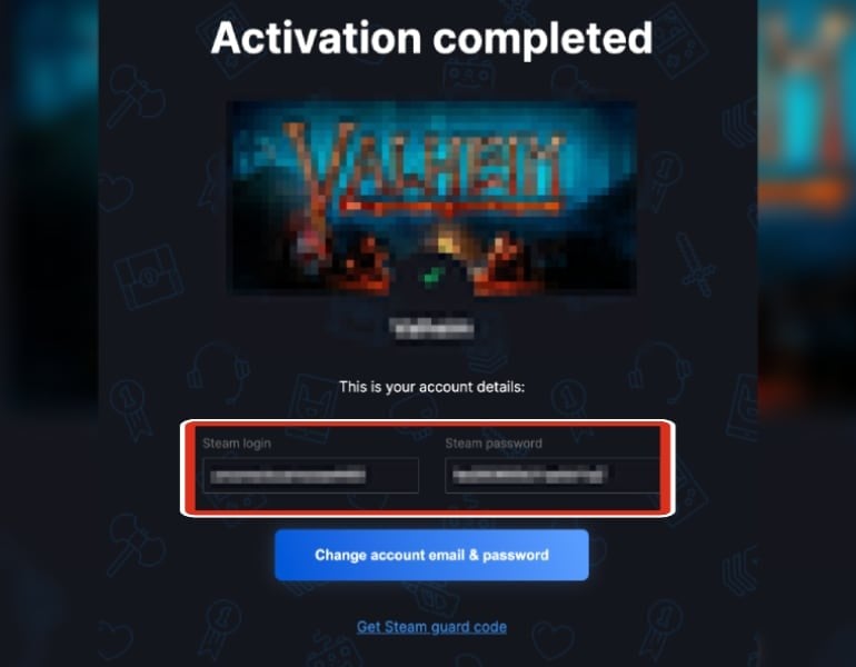 Activation completed screen showing Steam login and password